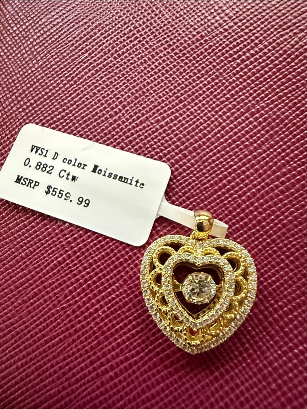 Sterling silver gold heart Moissanite Pendant Necklace with Center Stone NWT